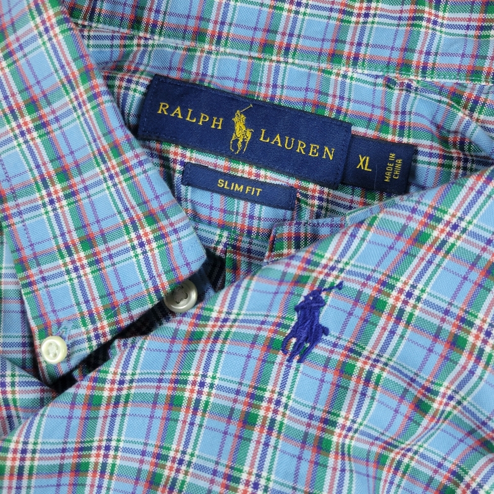 Ralph Lauren Button Down Shirt Slim Fit Light Blue Plaid Pony Logo Mens Size XL